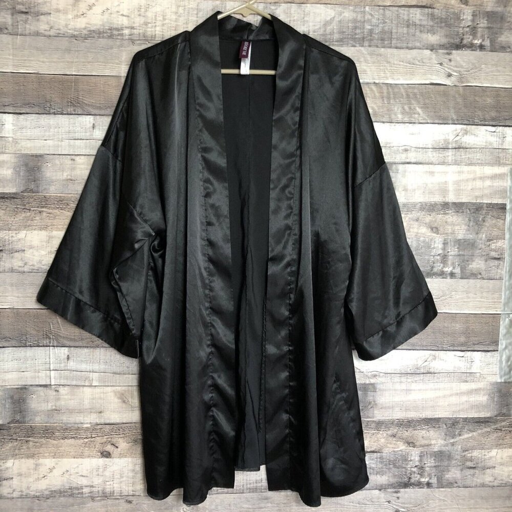 Adore Me Black Satin Kimono Relaxed Open Night Sleep Loungewear Robe OS